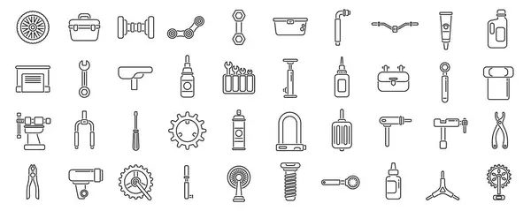 stock vector Bicycle repair and maintenance shop icons set. Bicycle workshop tools and equipment for fixing and servicing a bike in thin line style