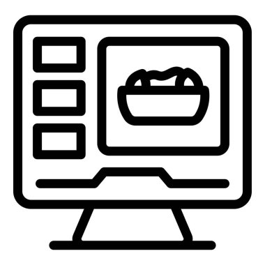 Gıda sipariş sistemini gösteren bir bilgisayar ekranının çizgi resim simgesi, çevrimiçi gıda dağıtımını ve dijital restoran servislerini sembolize ediyor