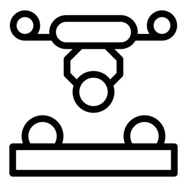 Endüstriyel robot kolunun bir fabrika üretim hattında seçim ve yerleştirme işlemi yapması simgesi