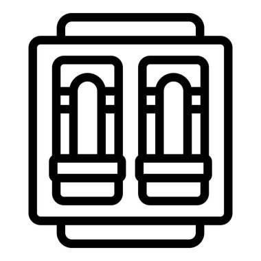 Yan tarafları açık kapılarla yukarı çıkan bir asansörün simgesi.