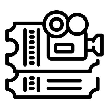 Film yapımcılığı ve sinema endüstrisini temsil eden iki sinema biletinin üzerine yerleştirilmiş bir video kameranın siyah ve beyaz simgesi.
