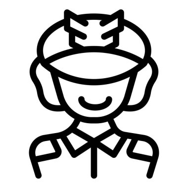 Gülümseyen kadın polis memurunun çizgi ikonu. Rozetli bir devriye şapkası takıyor.