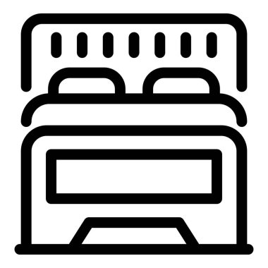 Yastıklı ve yatak başlıklı çift kişilik siyah beyaz bir ikon.