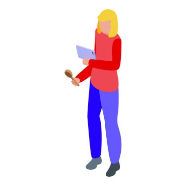 Kadın şef elinde ahşap bir kaşık tutuyor ve bir tablet kullanıyor, muhtemelen online bir tarif arıyor.