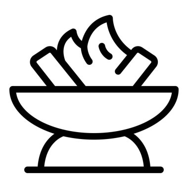 Açık hava kampı için büyük alevlerle yanan bir ateş kasesinin çizgi simgesi.