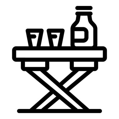 Katlanan masa simgesi, basit kamp mobilyaları, şişe ve gözlüklü.