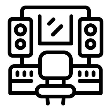 Profesyonel ekipmanlarla bir kayıt stüdyosunda çalışan bir ses mühendisinin çizgi sanat simgesi, web siteleri ve mobil uygulamalar için ideal