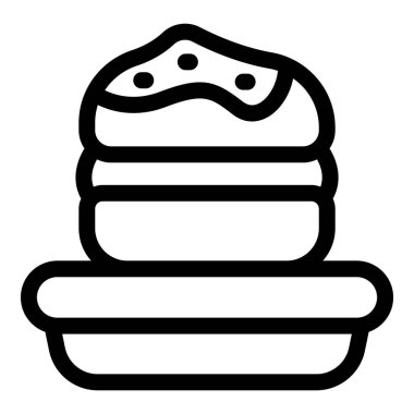 Üzerinde krema ve çikolata parçaları olan üç katlı bir kekin basit çizimi, bir tabakta servis edilir.