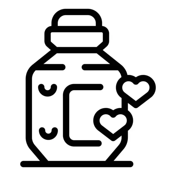 stock vector Line drawing of a bottle containing a love potion, decorated with two hearts