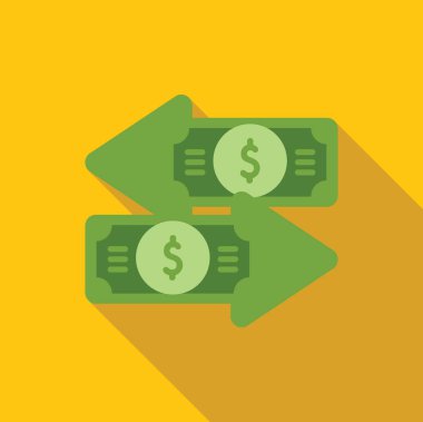 Para değişimi, para birimi dönüşümü ve finansal işlemler gibi kavramları tasvir eden dönen bir ok sembolü oluşturan iki yeşil dolar banknotu