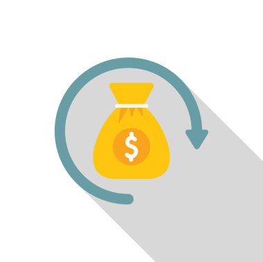 İçinde para çantası olan dolar işareti dairesel ok içinde dönüyor, nakit akışı ve finansal dolaşımı temsil ediyor.
