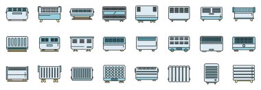 Convektör simgeleri dış hat vektörünü ayarlayın. Radyatör çubukları. Merkezi iklim ince çizgi beyazı düz