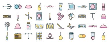 Doğum kontrol simgeleri ana hatları belirler. Doğum kontrol hapı. Beyazda düz çizgi çizgisi