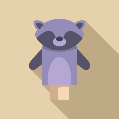 Sarı arka planda poz veren mor rakun el kuklası.