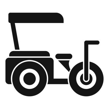 Golf sahasında golfçüleri taşımak için tasarlanmış, üç tekerli ve tepe örtülü modern bir golf arabasının siyah silüeti.