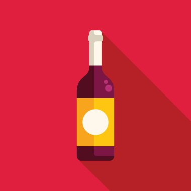 Boş etiketli tek bir şarap şişesi uzun bir gölgeyle kırmızı bir arka planda duruyor, modern bir düz tasarım hissi veriyor.