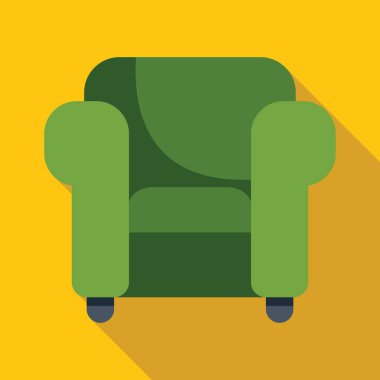 Sarı zemin üzerinde duran yeşil koltuk, uzun gölgeli, iç tasarım elementi