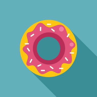 Mavi arka planda pembe kremalı ve beyaz serpiştirilmiş tatlı çörek, düz tasarım simgesi