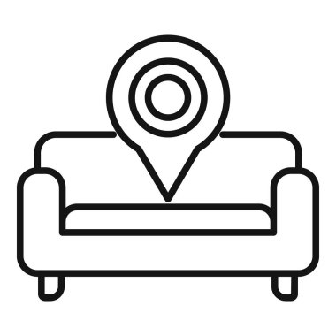 Rahatlamak için rahat bir kanepeyi gösteren bir konum iğnesinin siyah taslak simgesi