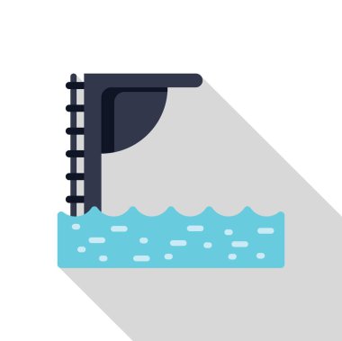 Minimalist illüstrasyon suyun üzerinde bir dalış platformunu temsil ediyor, yaz konseptlerini çağrıştırıyor, yüzme havuzları ve su sporları