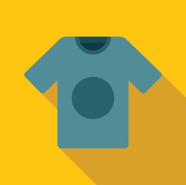 Yuvarlak rozetli mavi tişört sarı arka planda duruyor.