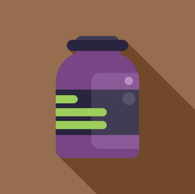 Spor beslenme veya vitamin içeren siyah etiketli mor plastik kavanoz kahverengi bir arka planda duruyor.