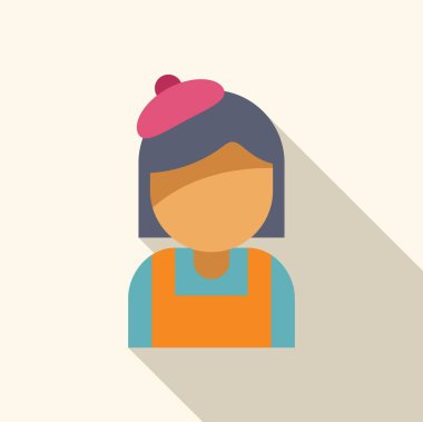 Bere ve önlüklü bir kadın sanatçının düz tasarım ikonu, yaratıcılık ve sanatsal yeteneği öneriyor.