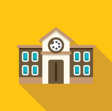 Palet simgesini gösteren saat ile sanat okulu binası cephesi yaratıcı eğitim kavramını gösteriyor