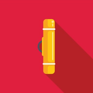 Kırmızı arka planda duran sarı metal termos, yürüyüş ve kamp için sıcak içecek kabı