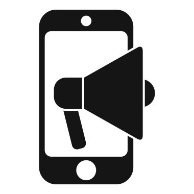 Akıllı telefonun siyah ve beyaz simgesi megafonu gösteriyor, mobil pazarlama gibi kavramları temsil etmek için mükemmel.