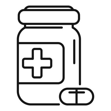 Haçlı bir ilaç şişesinin çizgi çizimi, tıbbi tedavi ve sağlık hizmetlerini çağrıştırıyor.