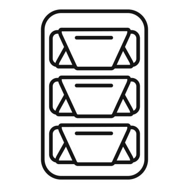 Plastik yemek tepsisindeki üç böreğin çizgi sanat simgesi, paket servis ya da servis için hazır.