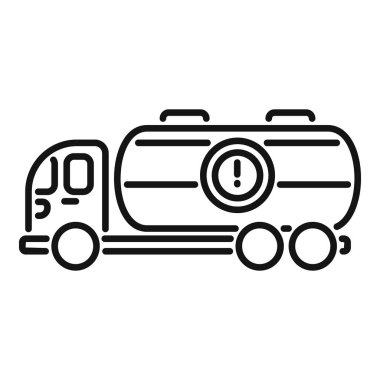 Tank kamyonunun basit çizgi simgesi. Ünlem işareti var. Tehlikeli malların taşınmasını temsil ediyor.