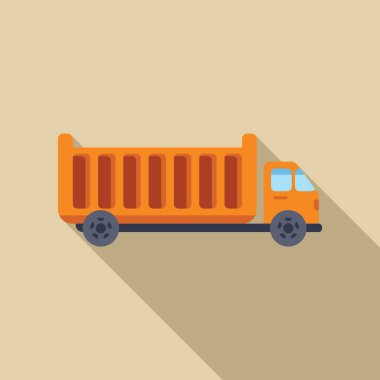 İnşaat alanına kargo getiren turuncu kamyonet. Uzun gölgeli düz tasarım ikonu.