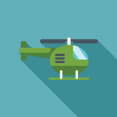 Turkuaz arka planda uzun bir gölgeyle uçan yeşil helikopter.