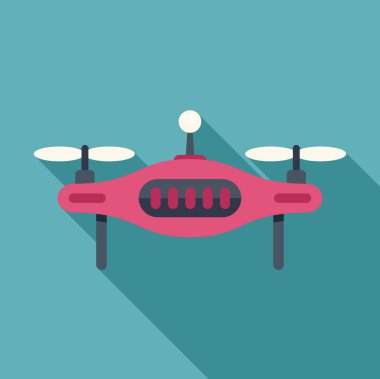 Pembe modern dron dört pervanesiyle uçuyor, turkuaz arka planda uzun bir gölge bırakıyor.
