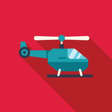 Dönen bıçaklarla uçan mavi bir helikopter tasviri, düz dizayn edilmiş, uzun gölgeli.