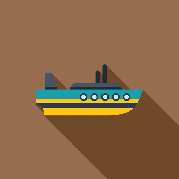 stock vector Minimalist illustration of a ship floating on water, featuring a long shadow and a simple color palette