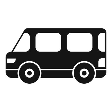 Yolcu taşıyan bir minibüsün siyah silueti, beyaz arkaplanda izole edilmiş ikon kenar görünümü