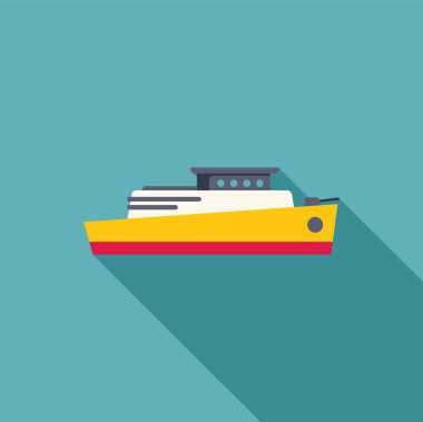 Yellow Yolcu feribot denizde yelken, yan görüş, düz tasarım ikonu uzun gölge