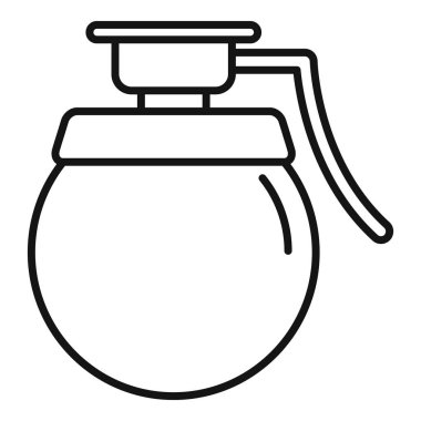 Bir el bombasının basit çizgi simgesi, yuvarlak bir gövde, bir çekme halkası ve üst mekanizması var.