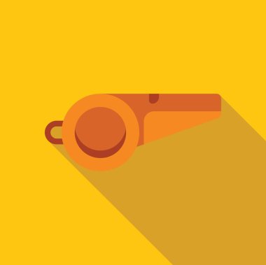 Turuncu ıslık sarı arka planda uzun bir gölge bırakır. Uyarı, dikkat ve spor kavramlarını temsil etmek için mükemmeldir.