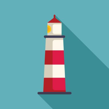 Uzun kırmızı ve beyaz bir deniz fenerinin minimalist çizimi turkuaz bir arka planda uzun bir gölge oluşturur.