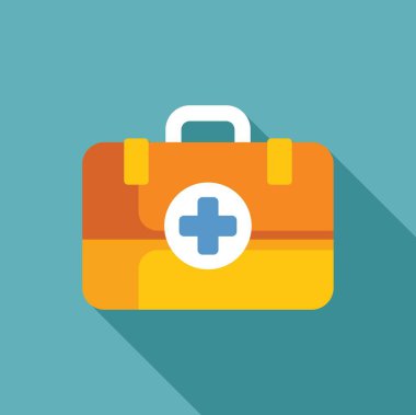 İlk yardım kiti kapalı, sağlık hizmetleri için beyaz bir haç sembolü gösteriyor, uzun gölgeli düz bir dizayn.
