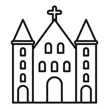 Bir haçı, penceresi ve iki büyük kulesi olan bir kilise binasının basit çizimi.