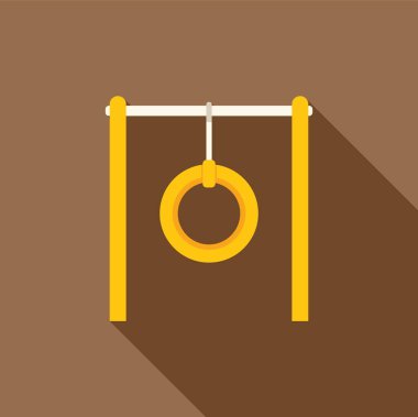 Sarı jimnastik yüzüğü bir kavşak çubuğunda asılı, düz tasarım simgesi ve kahverengi arka planda uzun gölgesi var