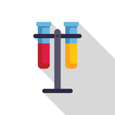 Renkli sıvılarla dolu iki test tüpü gösteren laboratuvar ekipmanları.