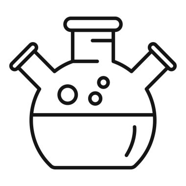 Üç boyunlu yuvarlak bir şişenin çizgi çizimi, kimyasal reaksiyon deneyi ile köpürüyor.