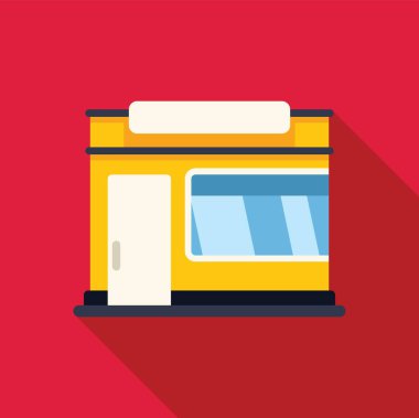 Sarı mağaza önü tenteli bina cephesi kırmızı arka plana gölge düşürüyor