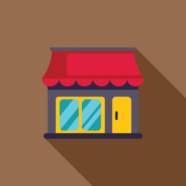 Kırmızı tenteli küçük işletme vitrinleri güneşli bir günde gölge düşürüyor.